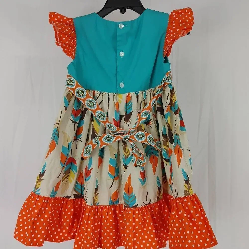 Eleanor Rose Feather Dress Turquoise Orange Polka Dot Toddler Girls Size 2T.